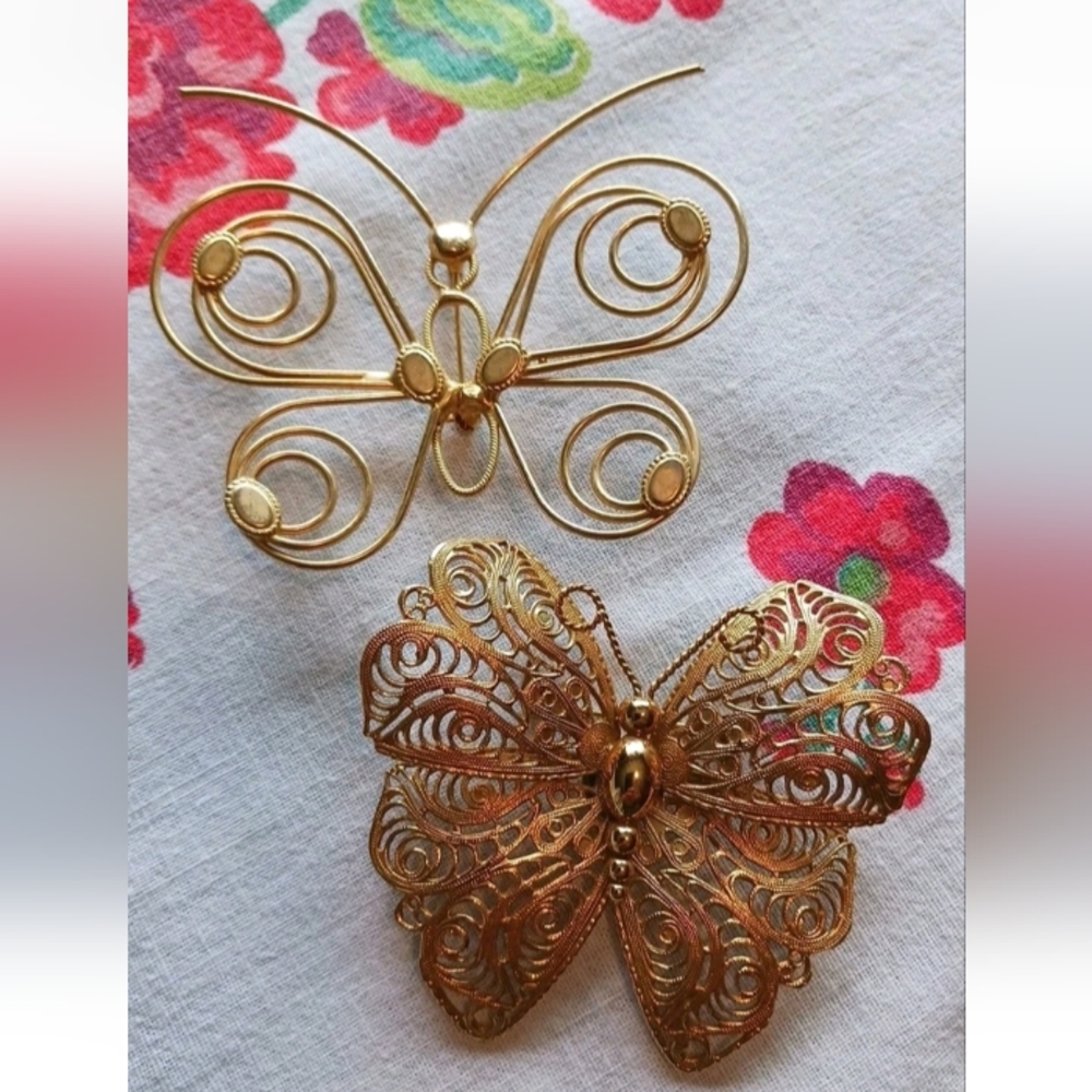 Vintage~ Monet Butterfly & unsigned wire Butterfly brooches~ gold tone